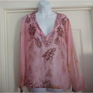 Karma Highway Pink Feather Print Embroidered 100% Silk Boho Festival Sheer Top